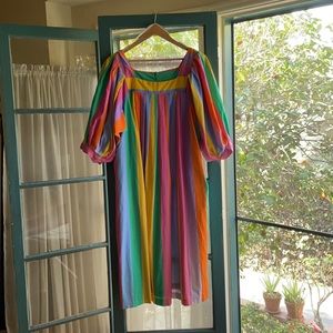 vintage rainbow pleated midi dress with pockets